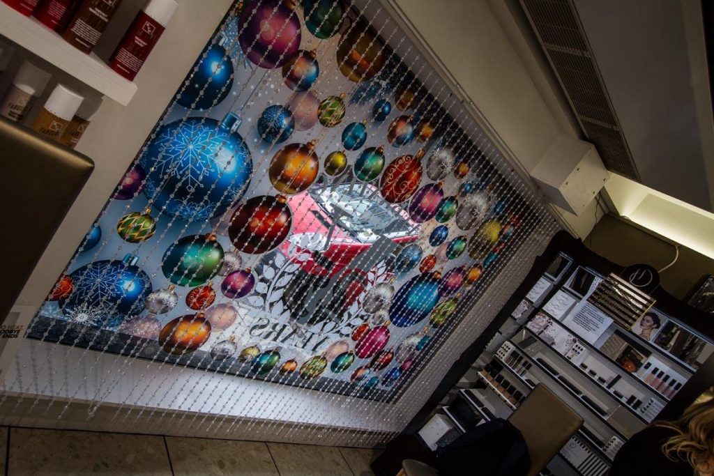 The Vogue International Christmas Bauble window from inside looking out