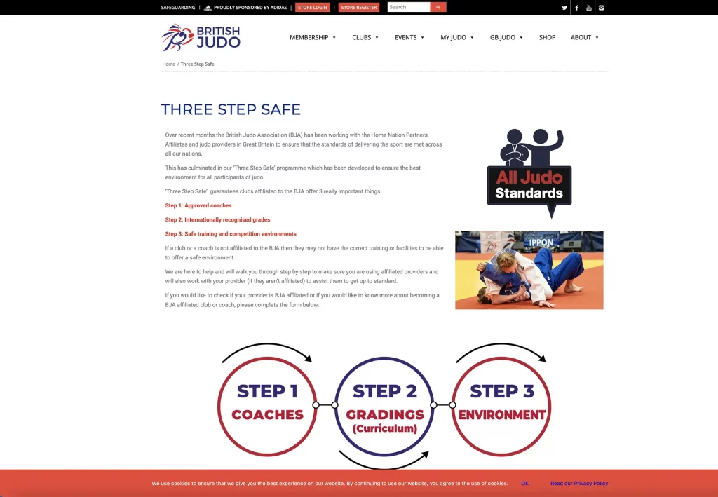 A landing page created for British Judo to promote Three Step Safe
