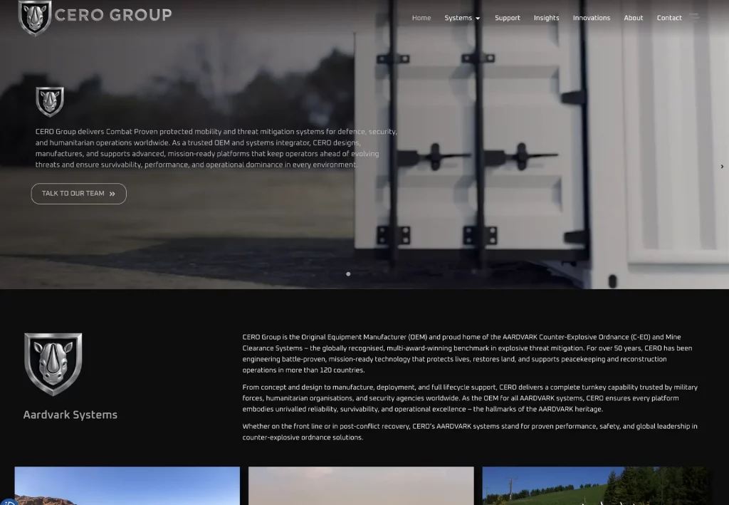 Cero Group Global website design - to promote he Aardvark systems