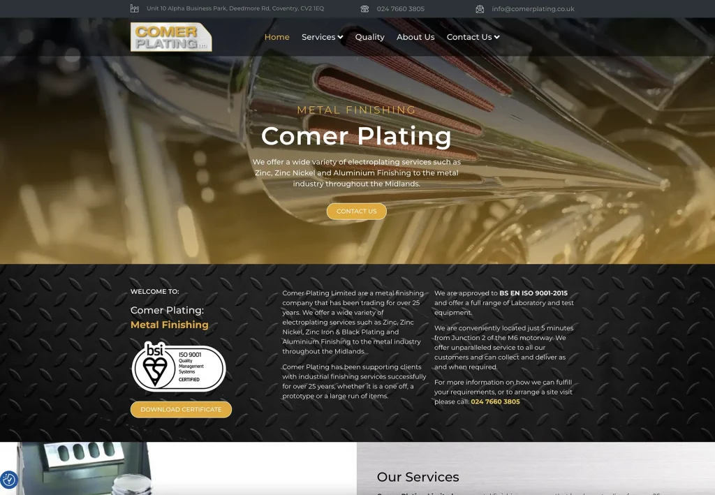 Website design for Comer Plating