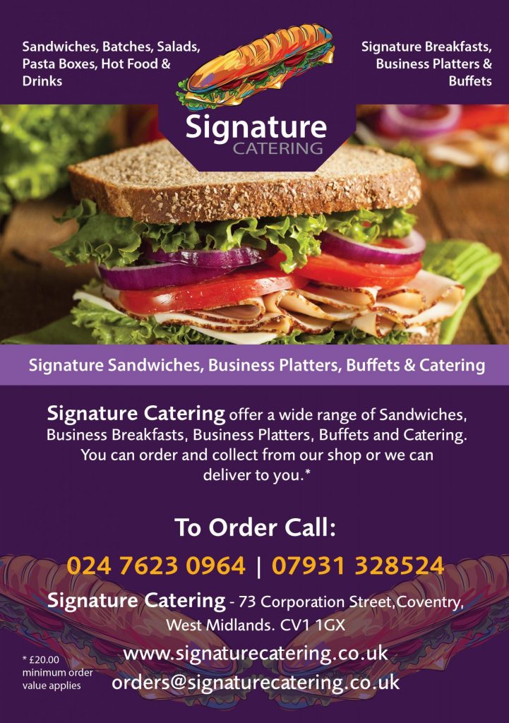 An A5 Price list leaflet for Signature Catering for customers - front