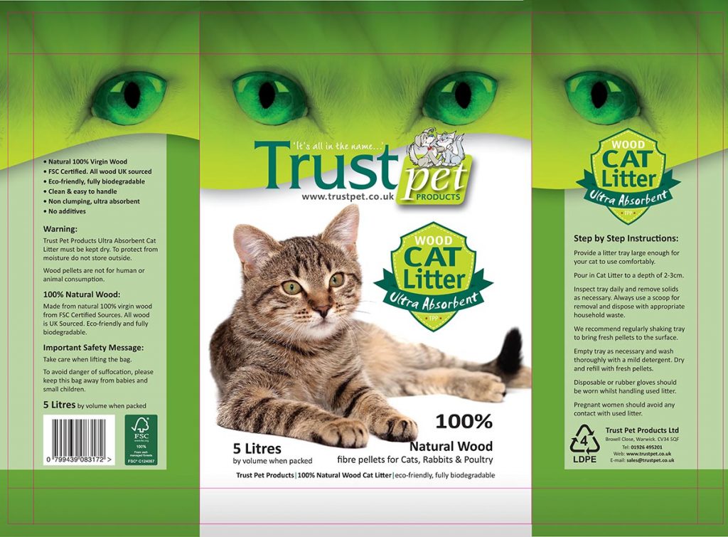 A packaging design for a cat litter bag for Trust Pet Products Limited.