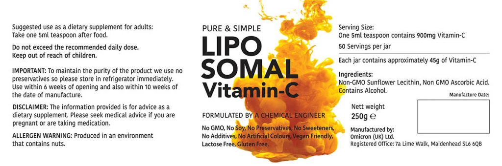 A packaging label for a Vitamin-C product, printed in full colour