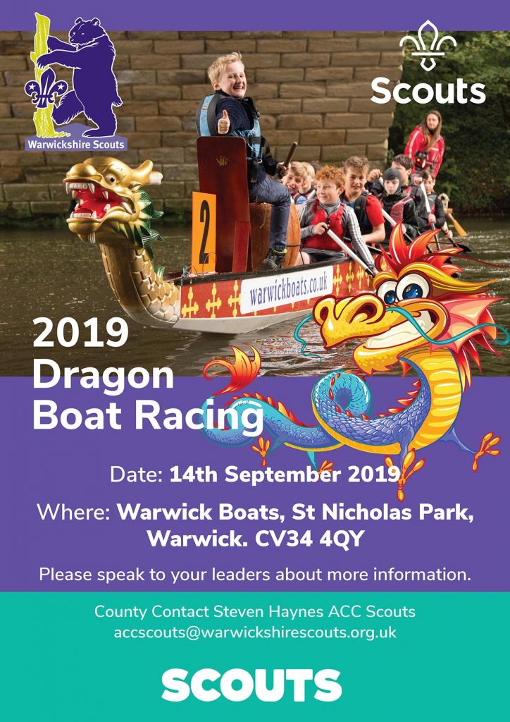 A poster for the 2019 Dragon Boat Racing event for Warwickshire Scouts