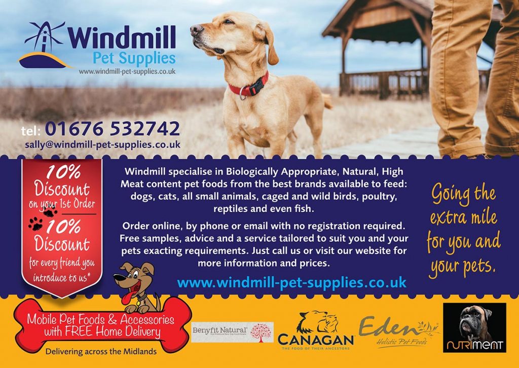 The front view of an A5 leaflet for Windmill Pet Supplies advertising discounts