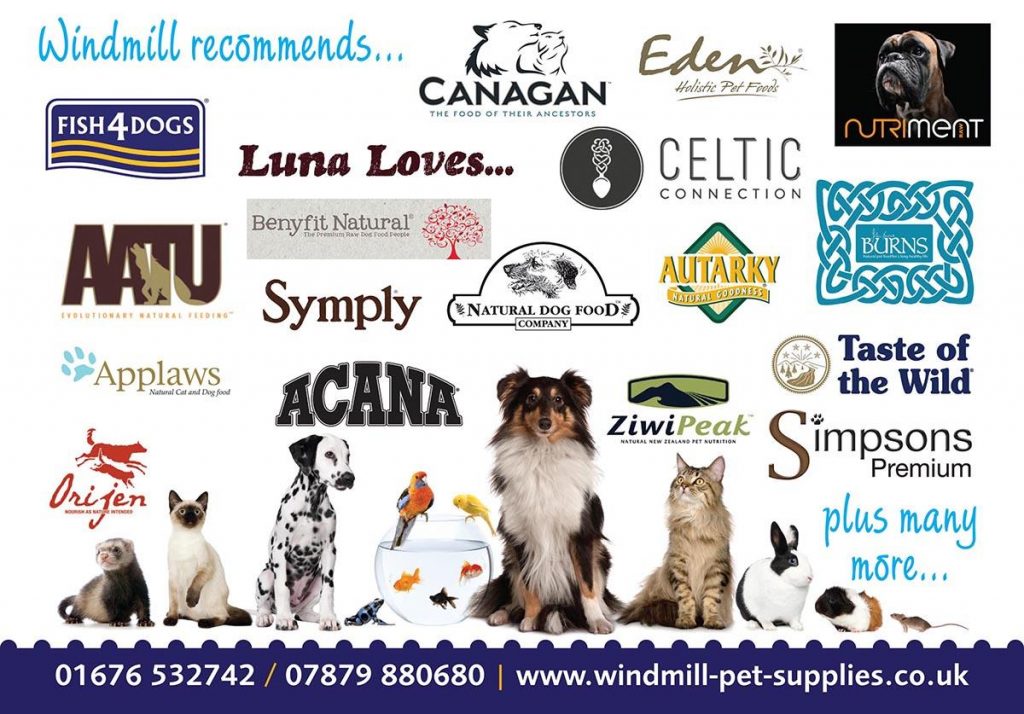 The back view of an A5 leaflet for Windmill Pet Supplies dog food brand logos