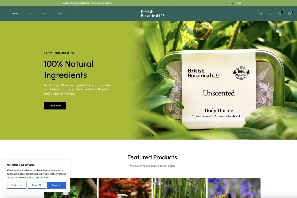 British Botanical Co E-Commerce Shop website, we fully created and populated the products